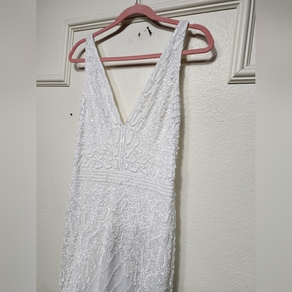 Lulus Glamorous Vow White Beaded Feather Lurex Mermaid Maxi Dress Wedding Bridal - Picture 7 of 13